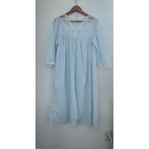 Vtg Barbizon Robe Housecoat Mumu M Button Down Embroidered Front Blue Grannycore